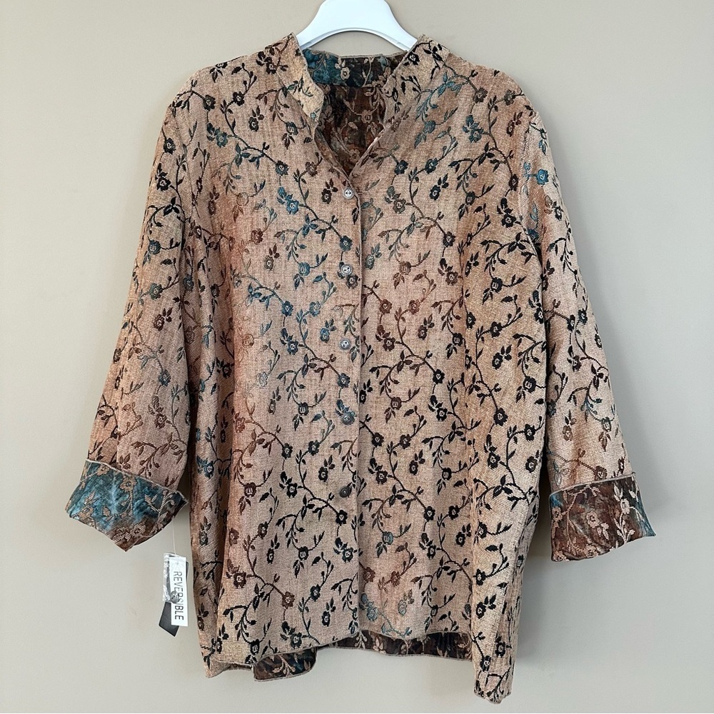 NEW ELCC Women 1X Floral Tapestry Jacket Reversible Blue Brown Gold Fall Winter - Picture 7 of 11